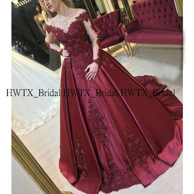 HWTX_Bridal, вечернее платье с бисером,, прозрачное, с длинными рукавами бордового цвета, атласное, размера плюс, а-силуэт, Vestidos de fiesta de noche, на заказ