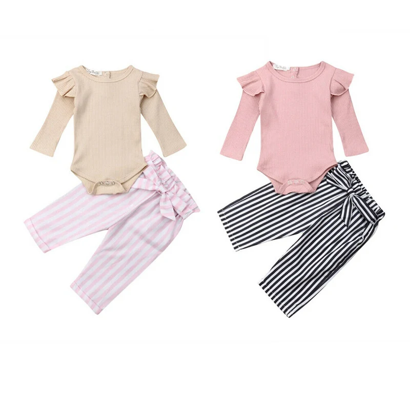Новое поступление, комбинезон с оборками для новорожденных девочек+ штаны, комплект одежды, осенний комплект для маленьких девочек