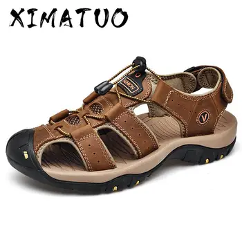 

Men Shoes Genuine Leather Summer Men Sandals Elastic Band Man Shoes Beach Sandals Men's Outdoor Casual Big Size 47 Flat