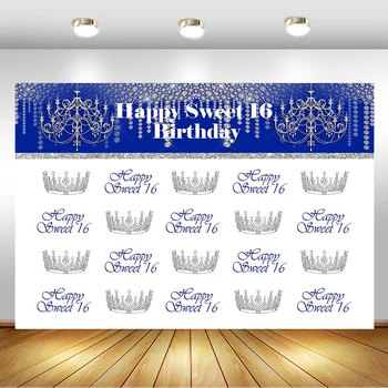 

Happy Sweet 16 Birthday Photography Background Repeat Steps Silver Crown Backdrop Sixteenth Birthday Party Blue Photo Background