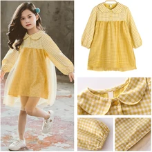 Весеннее милое платье в клетку для маленьких девочек; От 3 до 14 лет желтое школьное платье с длинными рукавами из сетчатой ткани; Детская осенняя одежда для подростков