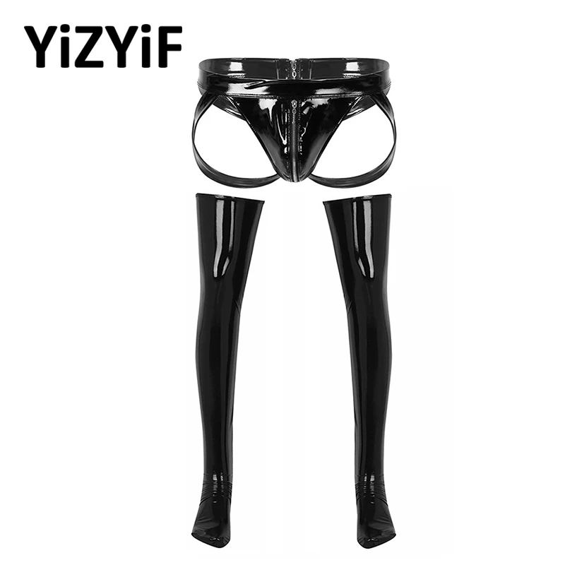 

Sexy Men Jockstrap Underwear Patent Leather Zipper Jockstrap Briefs Underwear Mens Sexy Panties With Thigh High Footed Stockings