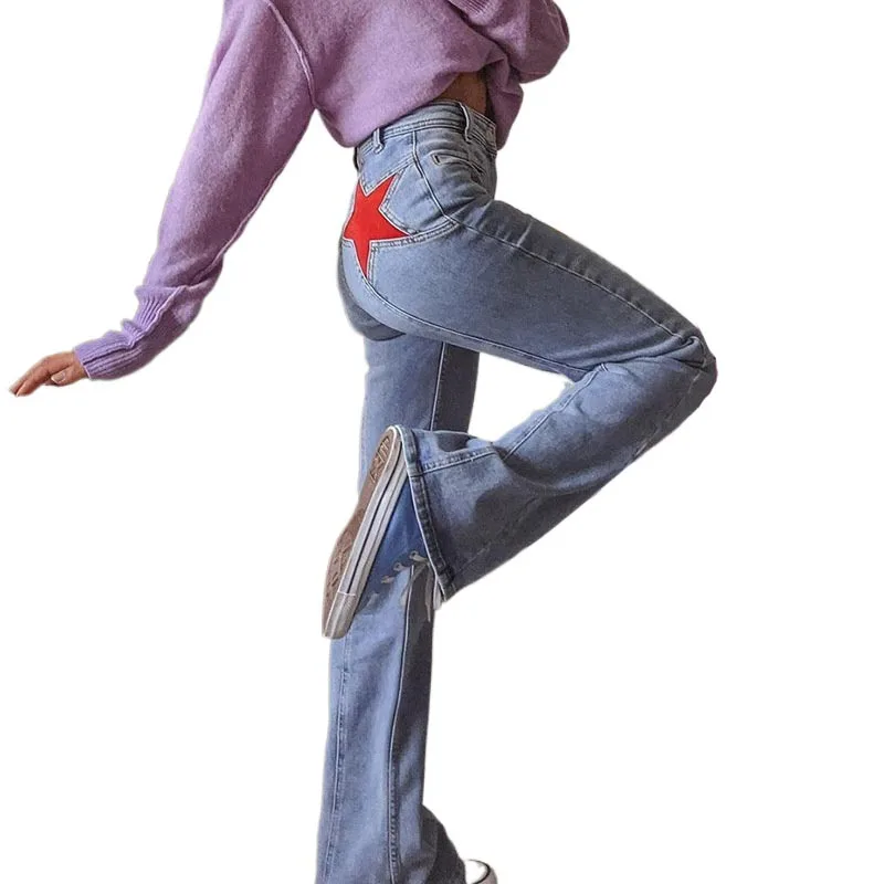 Women Patchwork Star Butt Jeans Women Casual Flare Pants Fashion Slim Fit Mid Waist Bell Bottom Jeans