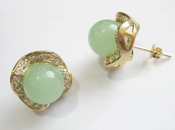 

2 colors wholesale fashion jewelry pretty 8mm round light green/green Natural jade & crystal 18kgp earring #002