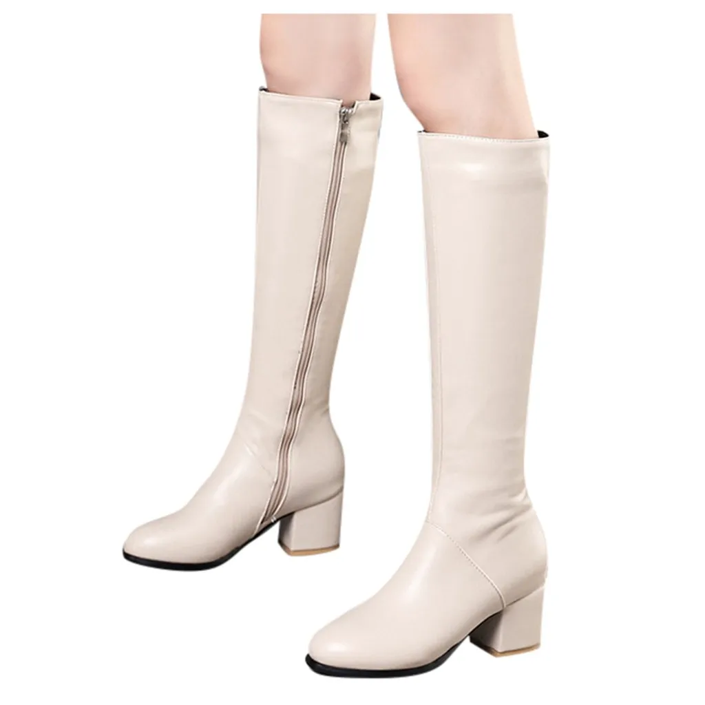 Обувь; модные женские ботинки; zapatos de mujer; женские теплые зимние ботинки; сапоги до колена с круглым носком на высоком квадратном каблуке