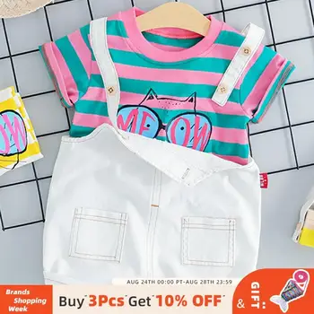 

Bear Leader Baby Boy Summer Clothes suit Cat Pattern Printed Stripe Boy T-shirt + Bib pants children's clothing Kids Set
