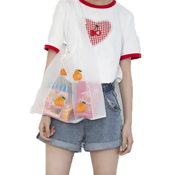 

Transparent Female Fruit Peach Avocado Embroidery Hand Bag Organza Casual Tote Mesh Shopping Bags Woman Handbags for Women