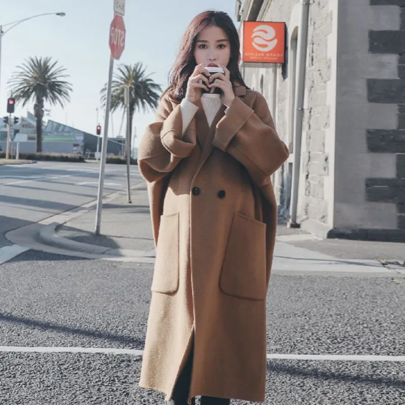 Photo Shoot South Korea INS Caramel Elegant Revers da xiu kou Wool Coat Female Suit Collar over-the-Knee Ol Overcoat