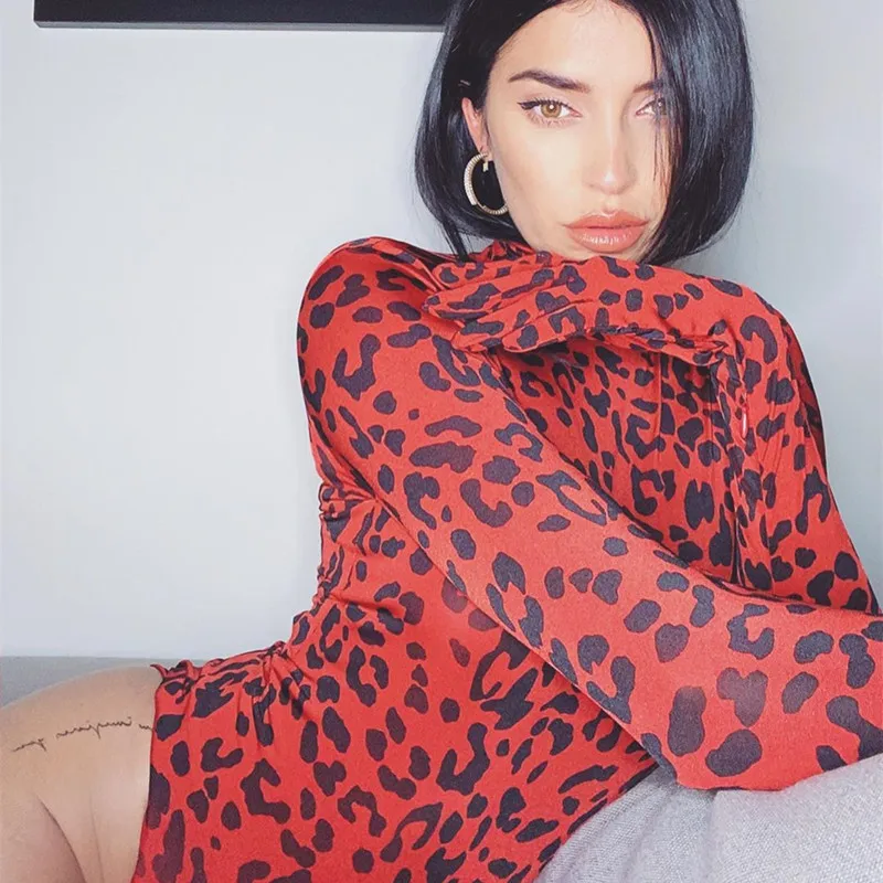 Body ajustado de larga con alto y estampado de leopardo rojo Vintage, traje Sexy con guantes, ropa de fiesta para discoteca, Top ajustado para el cuerpo, otoño - AliExpress