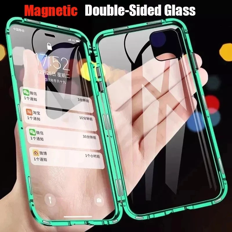

360 Magnetic Adsorption Metal Case For iPhone 12 11 Pro Max XS X XR 12 Mini 6 7 8 6s Plus SE 2020 Double Sided Glass Case Cover