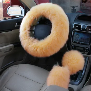 

3 Pcs/set Soft Plush Keep Warm Steering Wheel Cover Car Interior Winter Solid Anti Slip Easy Install Protective Artificial Wool