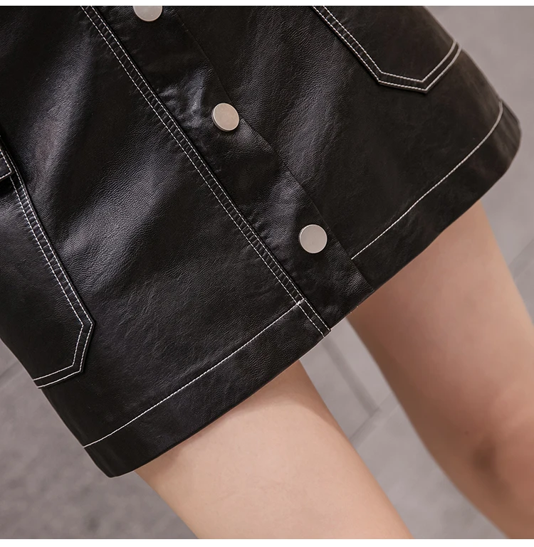 REALEFT Autumn Winter Button OL Pencil A-Line Mini Skirts High Waist Black PU Leather Sexy Wrap Skirts Pocket Female New