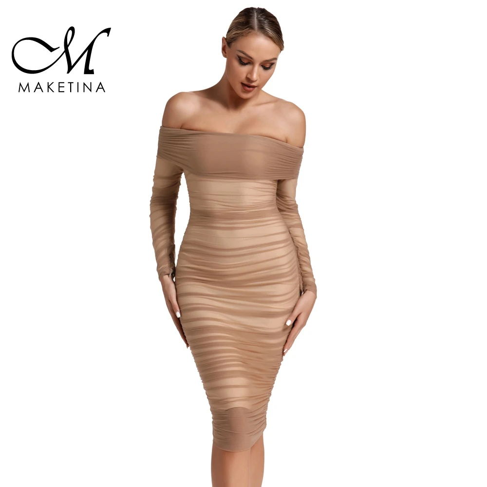 Maketina коричневое Бандажное платье Новое шифоновое облегающее платье с длинным рукавом и открытыми плечами женское сексуальное облегающее платье для вечеринки Клубное платье