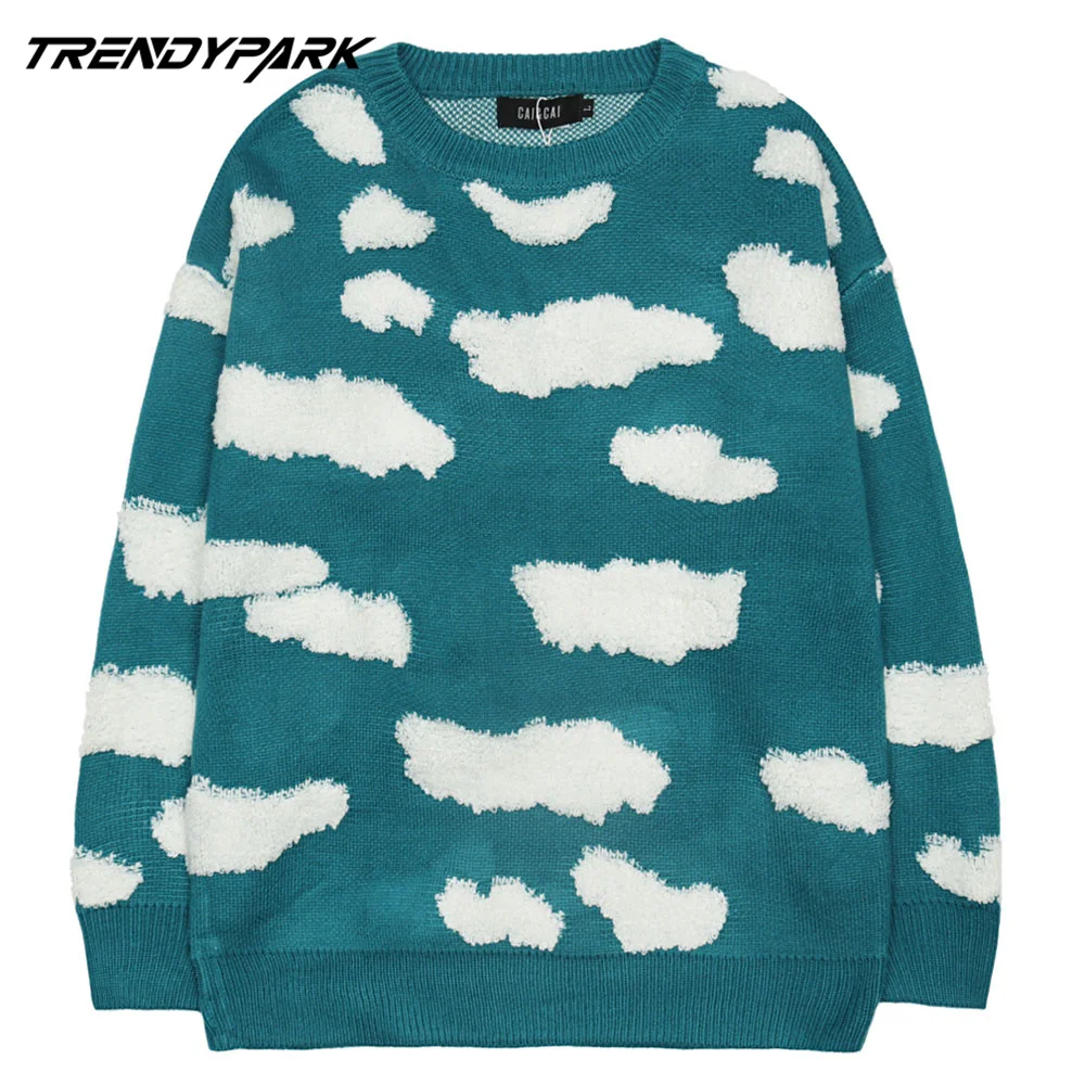 

Men's Knitted Pullover Sweater Blue Sky 3D Clouds Male 2020 Cashmere Wool Fleece Oversize Korean Knitwear Jumper Men's Clothing