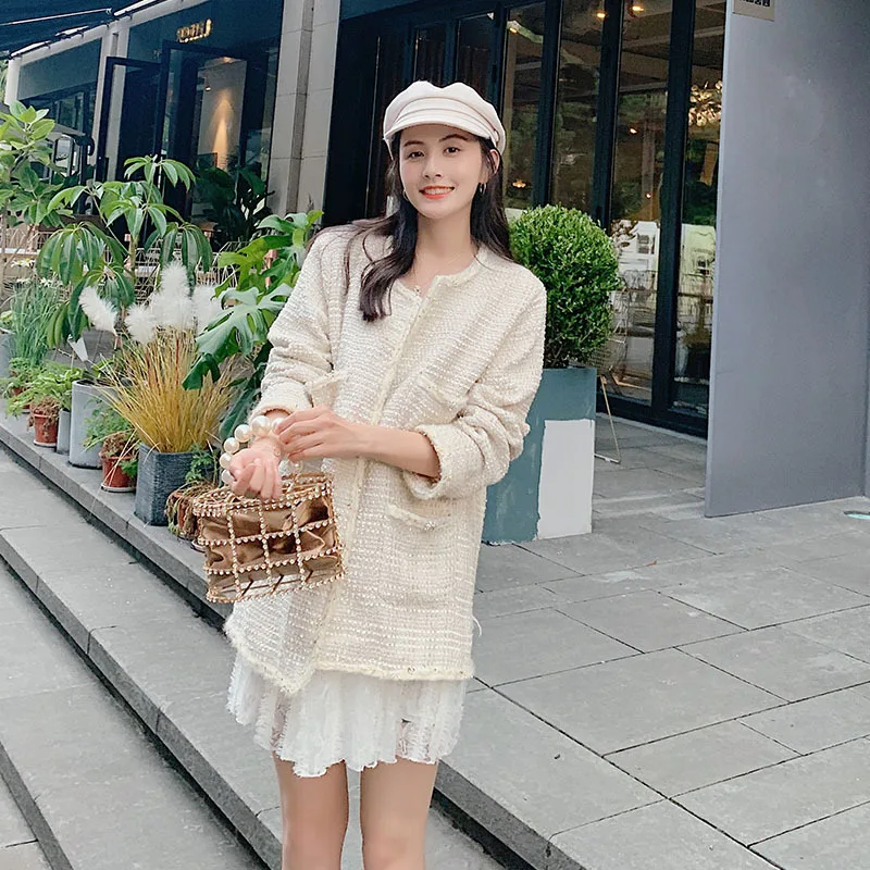 

Graceful Suit Women's Tea 2019 Autumn Clothing New Style Western Style Tweed Pattern Crew Neck Korean-style Loose-Fit Cropped Ja