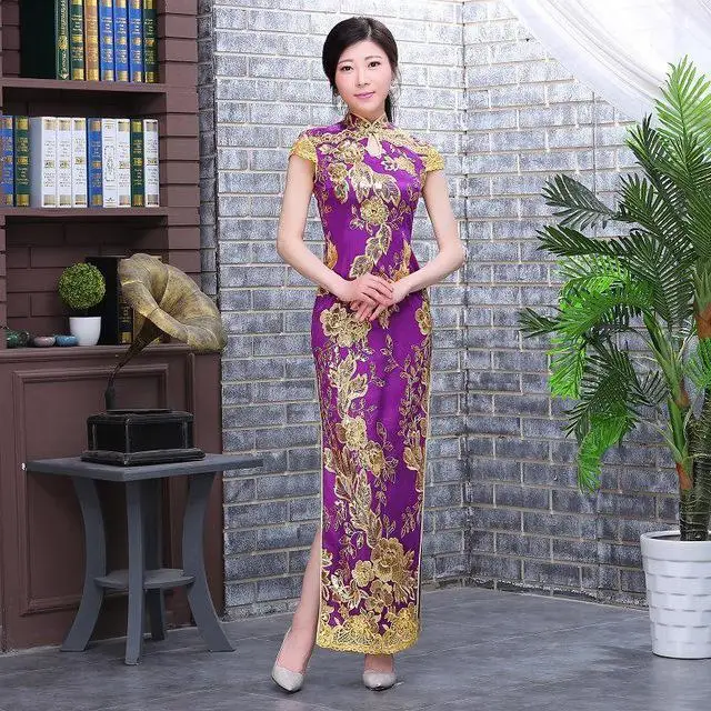 Восточное вечернее платье оверсайз китайский стиль женское элегантное Qipao сексуальное длинное платье ретро Vestidso блестки ярко-розовый Cheongsam - Цвет: Purple A