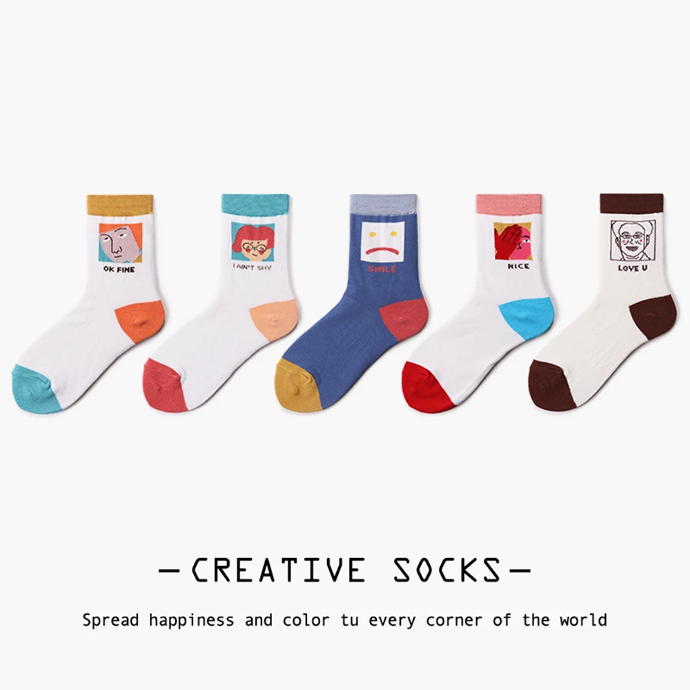 Женские однотонные носки для скейтборда в стиле Харадзюку с рисунком из мультфильма; женские забавные Повседневные Носки с рисунком головы и букв; носки до щиколотки