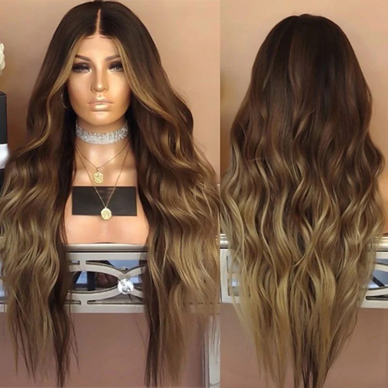 GD Long Ombre Brown Wavy Wig Blonde Cosplay Synthetic Wigs For Women Glueless Hair High Density Temperature Black Gray - Цвет: GD