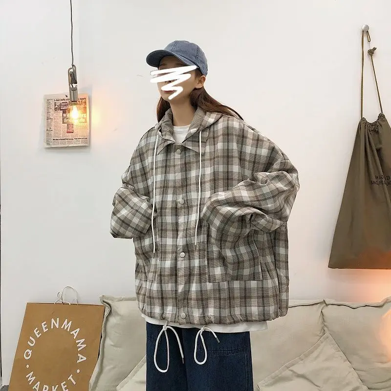 

2020 Spring And Autumn New Youth Popular Men's Color Matching Plaid Loose Hooded Jacket Fashion Casual Top Coat Khaki S-XL