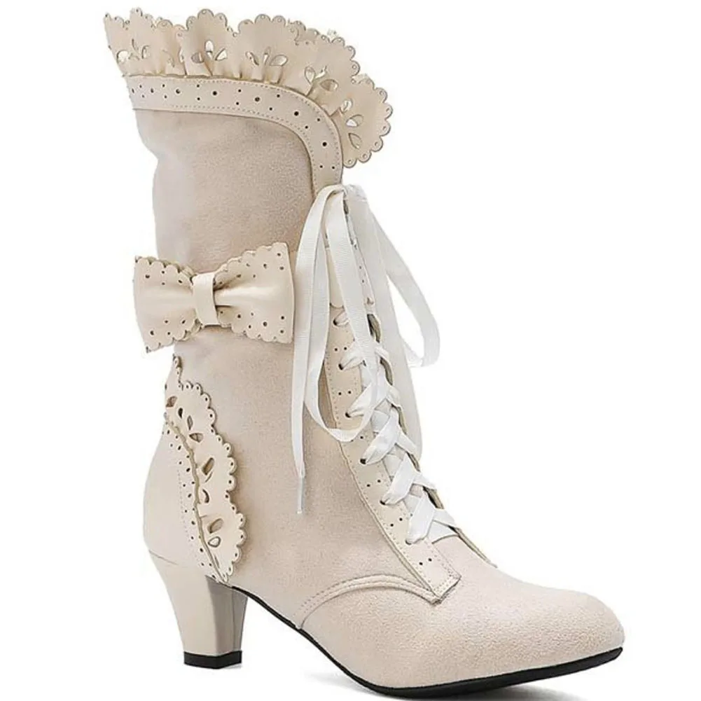 Brand New Big Size 43 Sweet Bowknot Ruffles Med Heels Shoelace Gothic Lolita Style Mid Calf Boots Women Shoes 