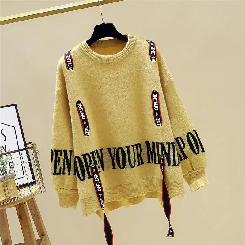 Корейский модный Женский вязаный свитер с длинными рукавами, пуловер с круглым вырезом и пуловер, свободный свитер, горячая распродажа
