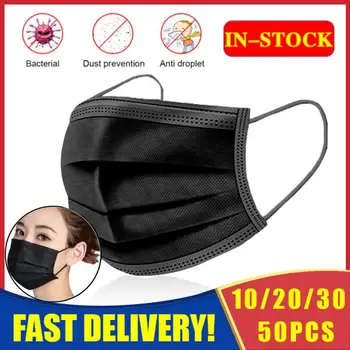 

10/20/30/50PCS 3 Filter Layers Disposable Black Face Masks Anti-Dust Mascarillas Non-woven Safety Masque Mouth Respirator Masker