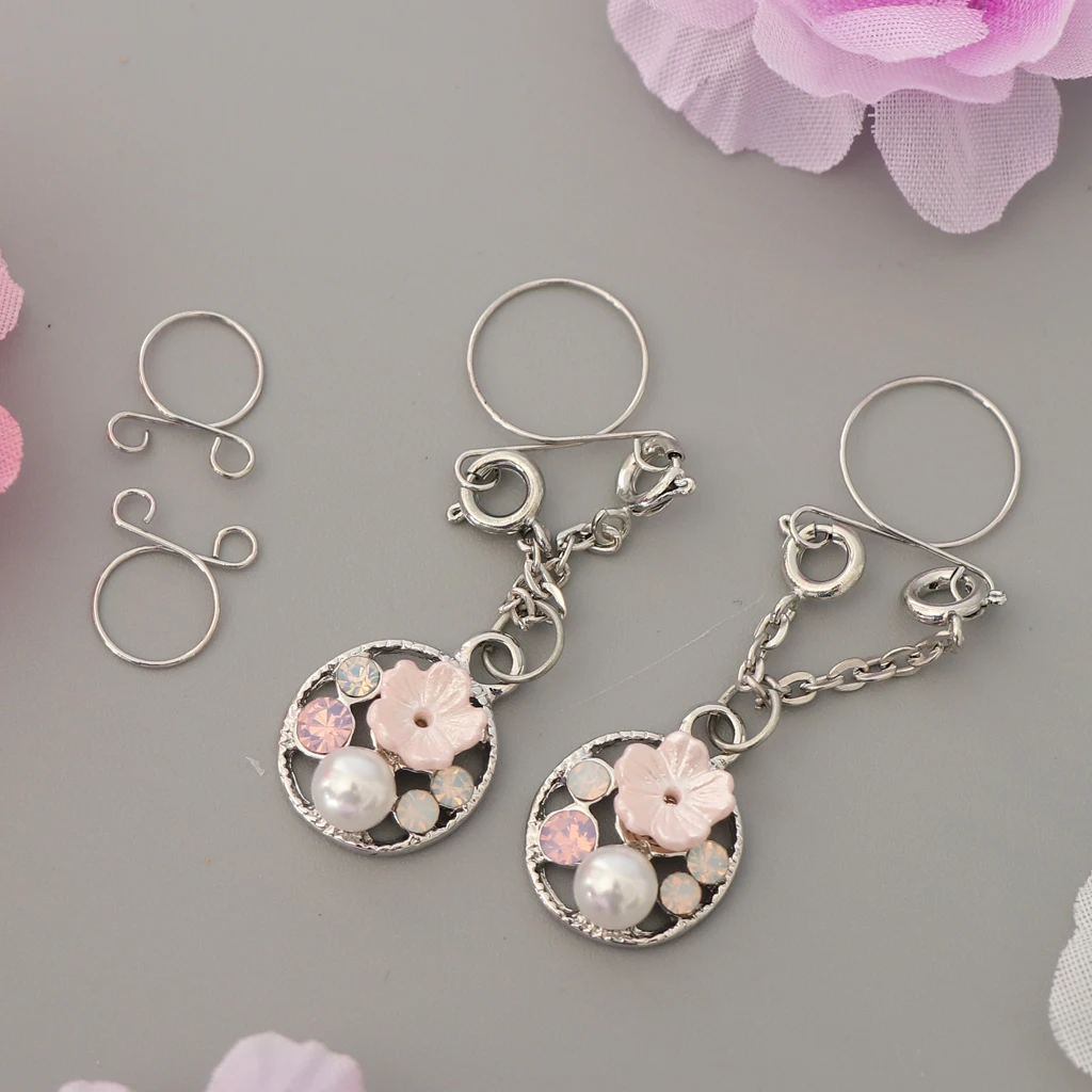 

2pcs Handmade Pearl Rhinestone Beads Dangle Loop Ring Adjust Nipple Ring