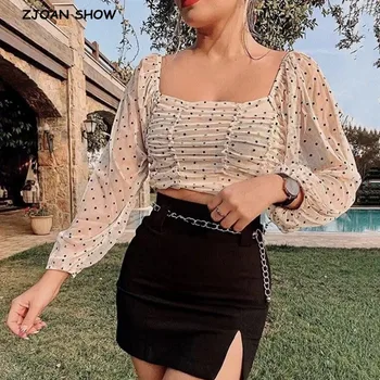 

2020 New Mesh Polka dot Lantern Sleeve Elastic Ruched Short Shirt Women Sexy Square Collar Tank Tops Summer Slim Fit Blouse Tops