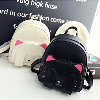 

New Fashion Women Cartoon Cat Backpack Adjustable Strap Leather Backpacks for Girls Student Shoulder Travel Bag Mochila Feminina