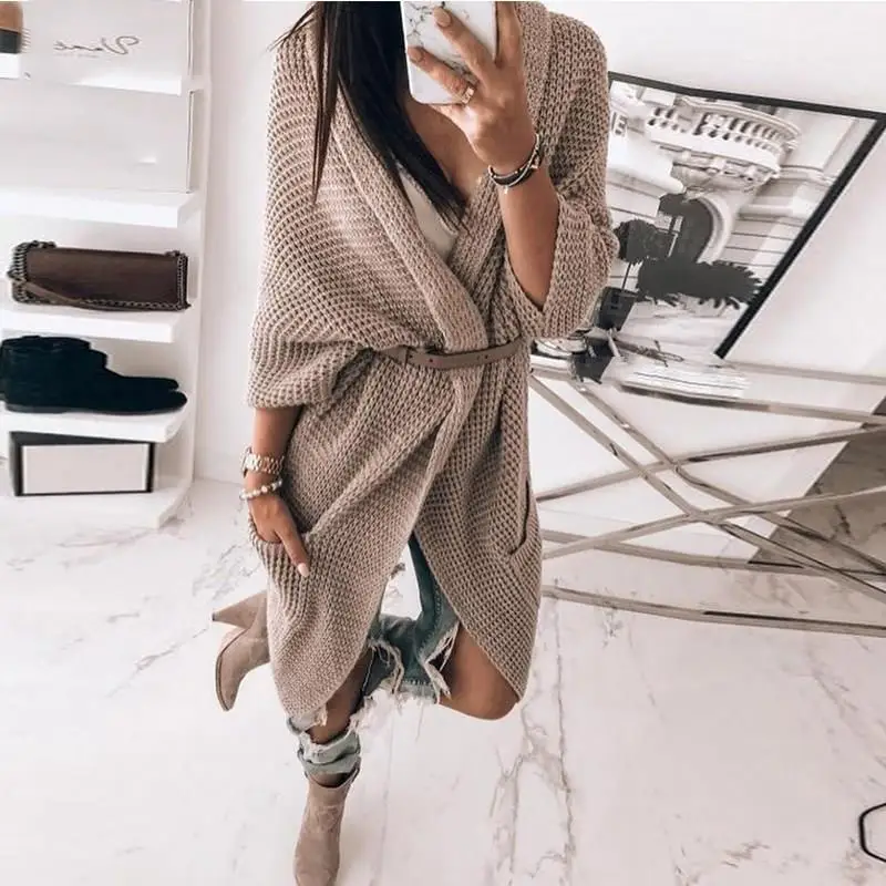Autumn Streetwear Classy Solid Full Long Cardigans Women Batwing Sleeve Knitted Sweater |