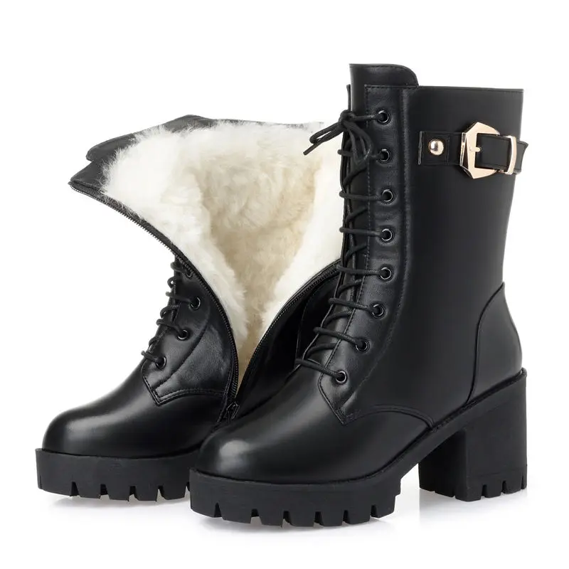 

Cotton Material Leather Fur Thick Wool Martin Boots Crossed Frenulum Fur Boot Platform Mid-Calf Boots Fashion High Heel Boots