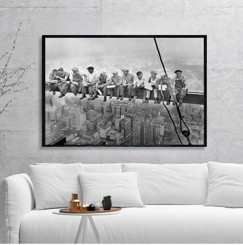 Vintage Canvas Painting Home Decoration New York City View Lunch On a Skyscraper Wall Art Picture Black and White Poster | Дом и сад