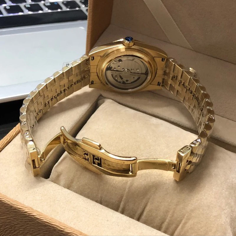 PARNIS 36MM Fluted Mechanical Watch Men Yellow Gold Vintage Steel Wristwatch Japan MIYOTA Movement Reloj Hombre Business Clock