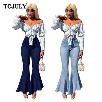 

TCJULY New Design Streetwear Solid Bell Bottom Jeans Woman Skinny Push Up Stretch Denim Pants Bleached Washed Casual Flare Jeans