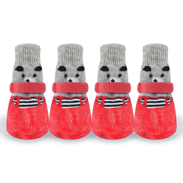 4Pcs/set Cute Pet Dog Shoes Rubber Cotton Socks Waterproof Non-slip Dog Rain Snow Boots Socks Footwear For Puppy Small Cats Dogs Red Dog Shoes