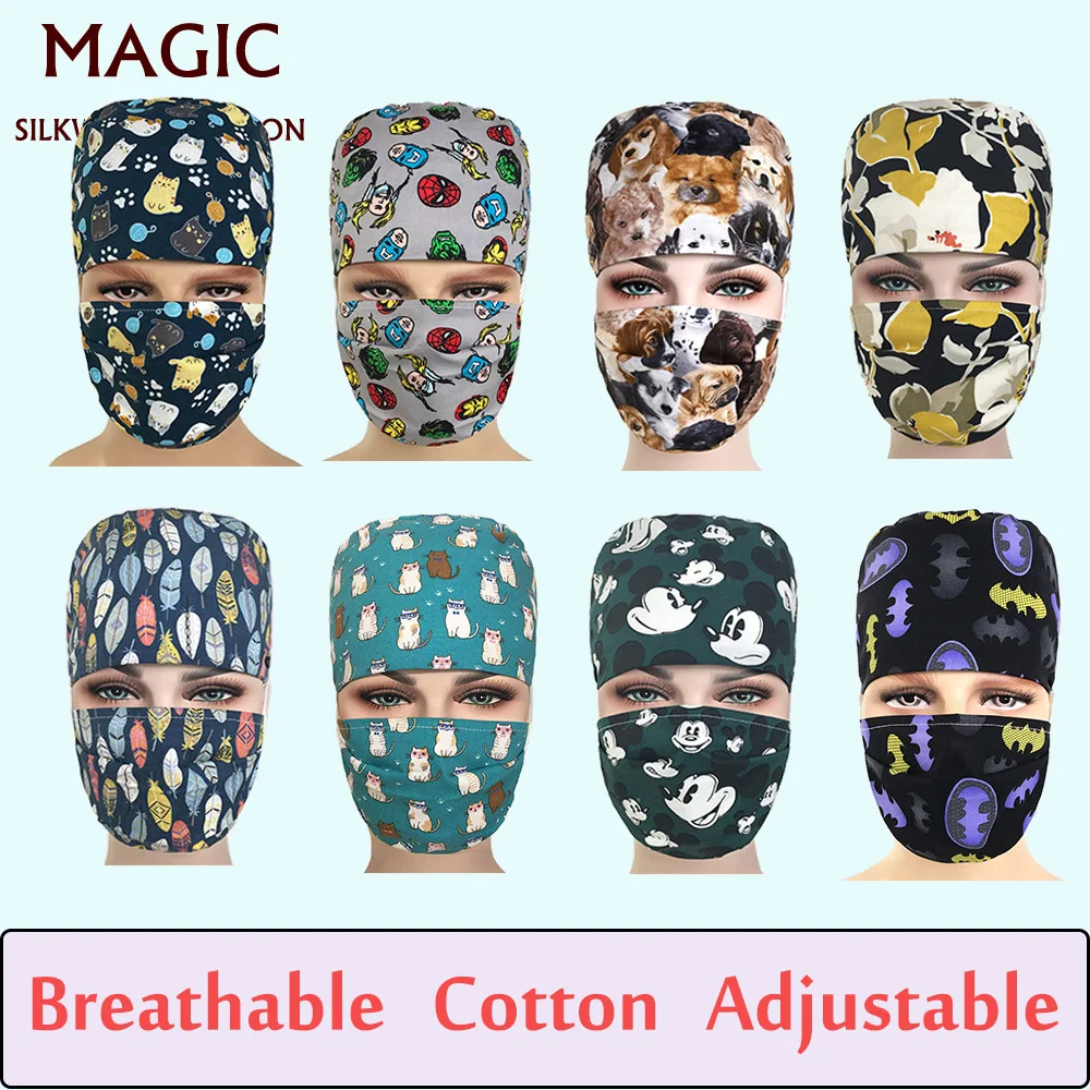 

Cotton Material Surgical Caps Woman's Scrub Hats Cartoon Printed Doctor Nurse Working Cap Pharmacy Dentist Medical Accessories