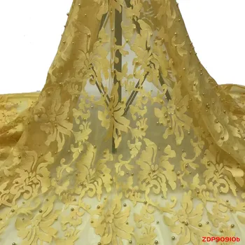

Yellow New Arrival Big Beads Lace Fabrics African Nigerian Tulle Mesh Lace Fabric for Wedding Velvet Lace Fabrics f190910