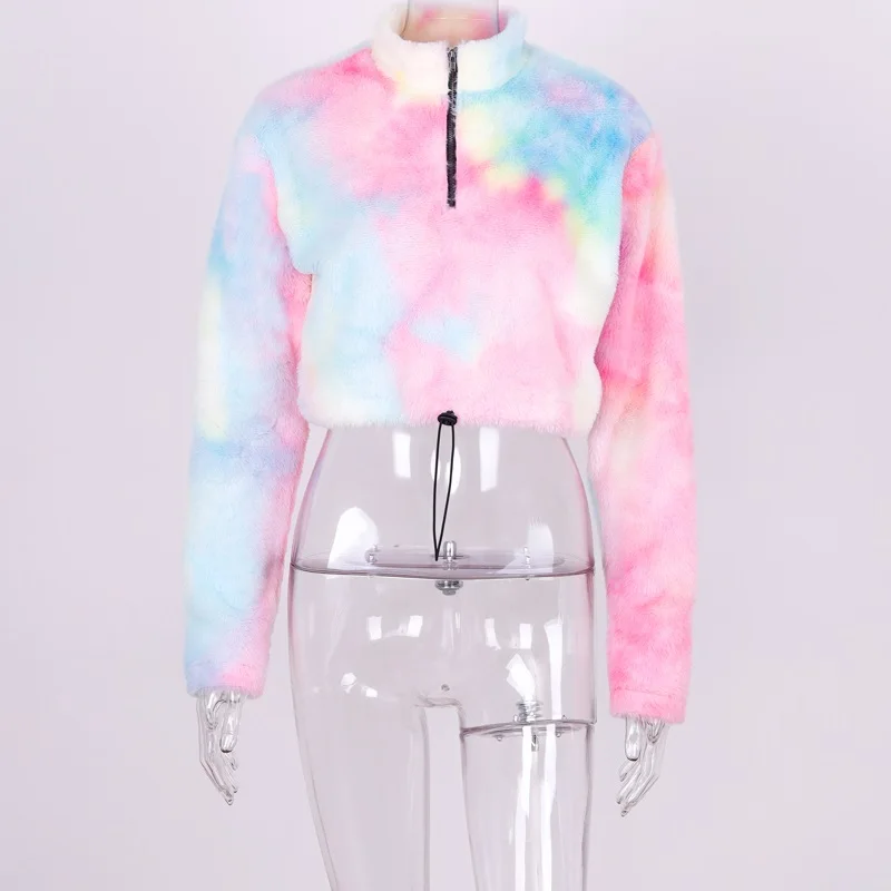 Hugcitar 2019 tie dye long sleeve zipper high neck Faux lambswool crop tops autumn winter women streetwear solid coat jacket