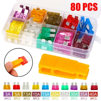 

80pcs/set 10 Values Car Fuses Vehicle Accessory 3A to 40A Assorted Standard Fuses Kit with Puller