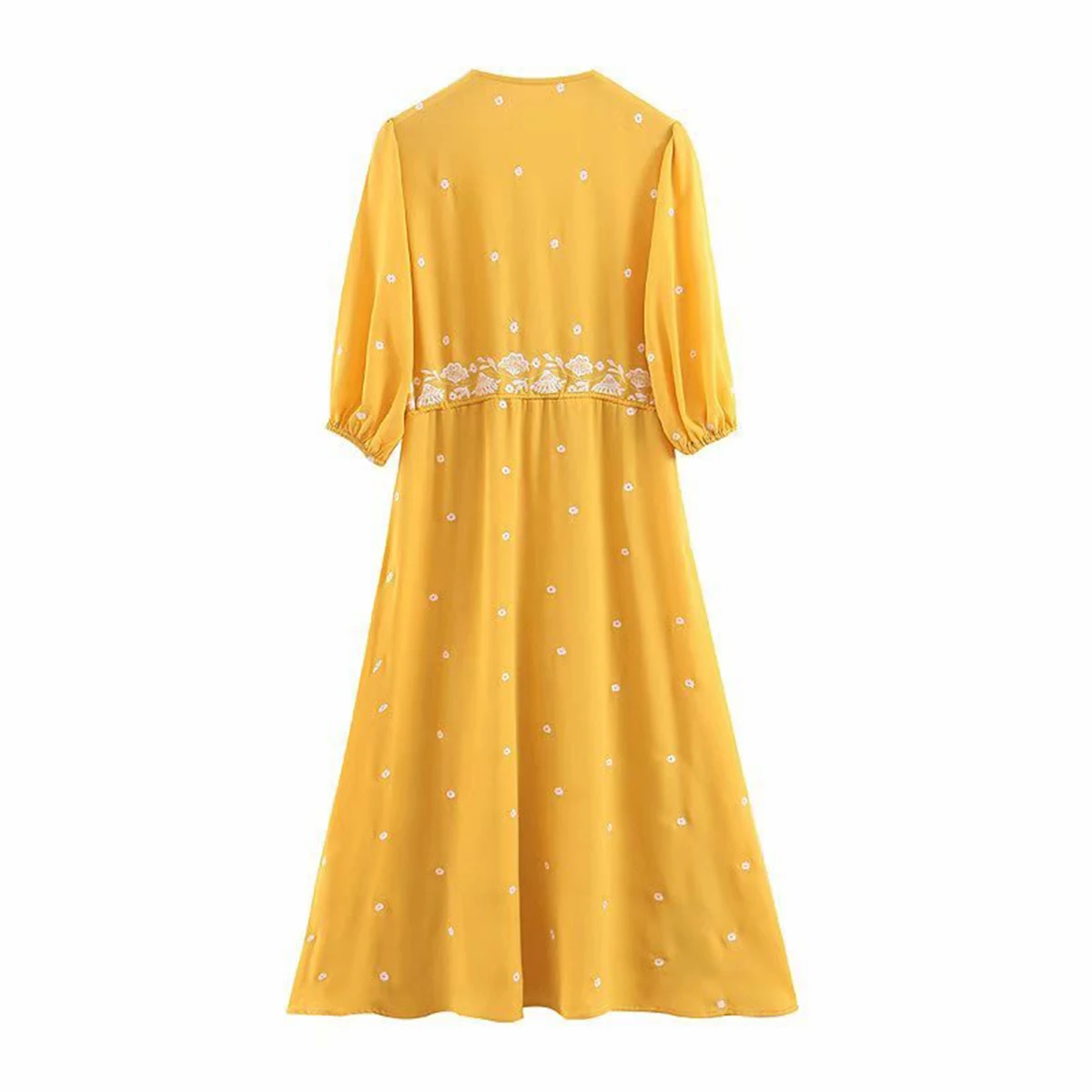 Цветочное вышитое миди платье с v-образным вырезом с завышенной талией женские платья 3/4 рукав Весна летнее платье Бохо пляжные платья Vestido