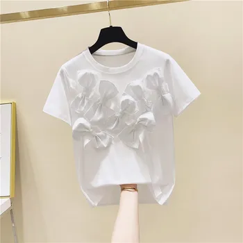 

Three-Dimensional Bow Decoration Short Sleeve Cotton Focus T-shirt Female 2020 Summer Top Loose White Black Tshirt Ladies Blusas