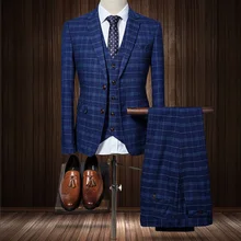 Новинка, 3 предмета, мужские костюмы, повседневные клетчатые мужские костюмы, Осень-зима, пальто+ жилет+ брюки