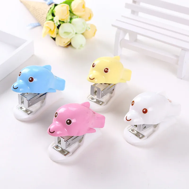 

1 set Dolphin Cute Mini Stapler Set Staionery Paper Clip Binder Stapless book binding supplies office Accessories
