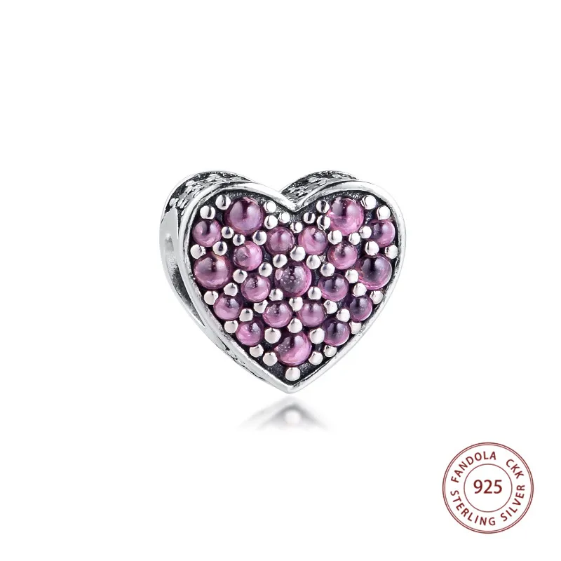 Аутентичные стерлингового серебра 925 Шарм розовое Сверкающее сердце бусины для