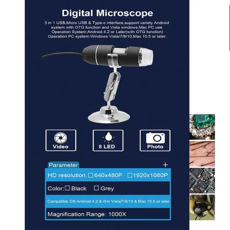 3 в 1 Микроскоп usb type-C Micro-USB 2MP 1080p 1000X Лупа Камера Эндоскоп для android-Phone OSX Windows PC
