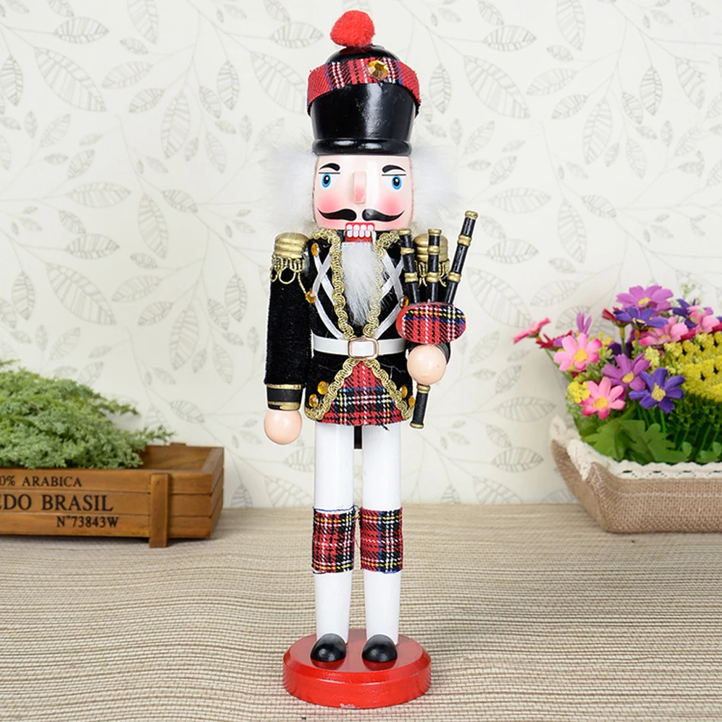 2 Pieces Wooden Handmade Nutcracker Soldier with Bagpipes & Solider with Accessories Set for Christmas Decor Gift
