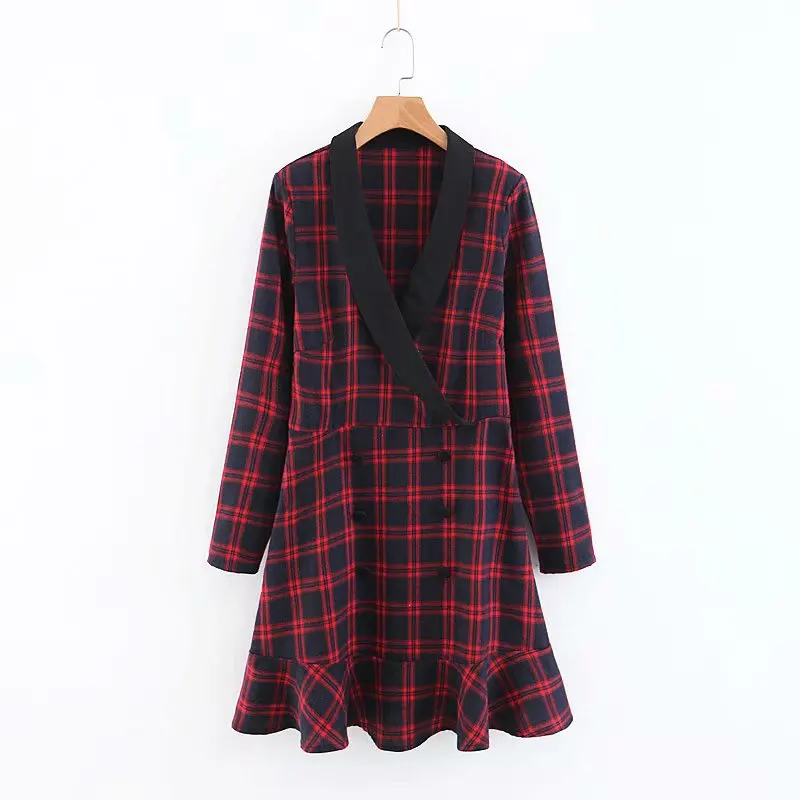 

Europe And America Autumn And Winter New Style Slim Fit Long Sleeve V-neck Red Pattern Suit Collar Double Breasted Dress Short S