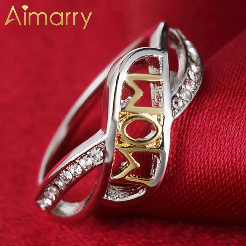 Aimarry 925 стерлингового серебра 18K золото Love Mom (Я люблю маму) AAA циркон кольцо для