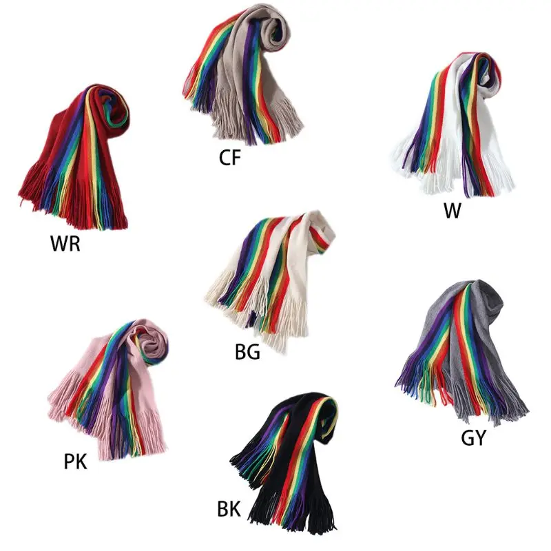 

190x40cm Women Girls Pashmina Rainbow Vertical Striped Patchwork Oversized Scarf Shawl with Tassels Winter Warm Blanket Wraps