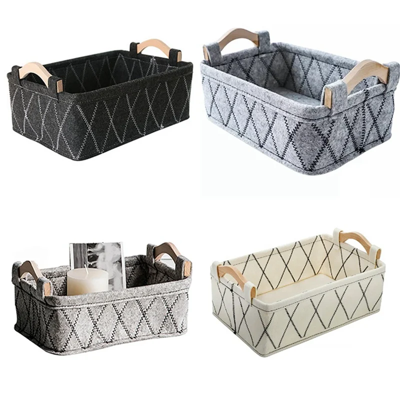 

New Nordic Wooden Handle Felt Storage Basket Sundries Storage Box Home Organizer Large Sewing Baskets Underwear Laundry Basket